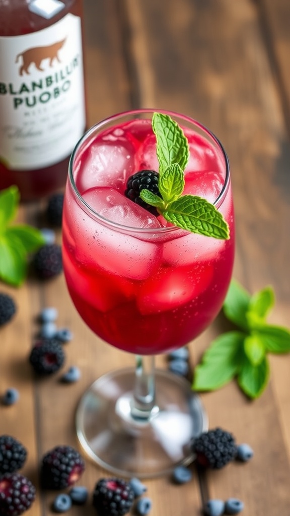 A sparkling blackberry bourbon fizz cocktail in a glass, garnished with mint and blackberries, on a rustic wooden table.